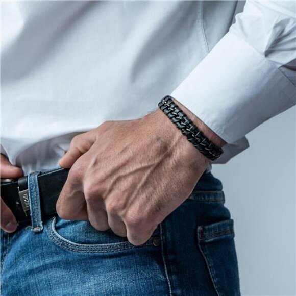 Mens Black Leather Bracelet Braided Adjustable Magnetic Clasp Gift Box - Picture 3 of 7